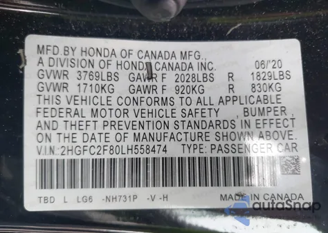 2020 Honda Civic Sport из США, поврежденный, VIN 2HGFC2F80LH558474